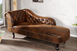 Chesterfield Récamière / longchair 170cm antiek bruin met knoopnaad en klinknagels