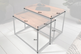 Industriële set van 2 salontafels ELEMENTS 60cm naturel eiken uitneembaar dienblad