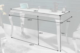 Elegante consoletafel MODERN BAROK 145 cm glasblad in marmerlook roestvrijstalen poten