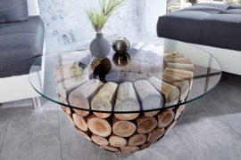 Handgemaakte salontafel PURE NATURE 70cm rond teakhout met glazen blad
