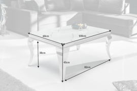 Elegante salontafel MODERN BAROK 100cm glazen blad in marmerlook roestvrijstalen poten