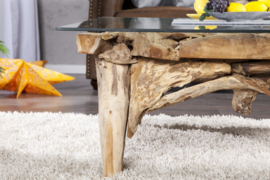 Handgemaakte salontafel RIVERSIDE 100cm teak met glazen blad