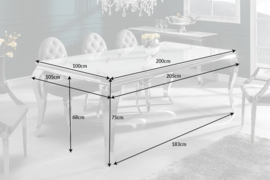 Elegante eettafel MODERN BAROK 200cm glazen blad in marmerlook roestvrijstalen poten