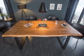 Massieve boomstam eettafel MAMMUT 200 cm wilde acacia 3,5 cm hoog industrieel sledeframe