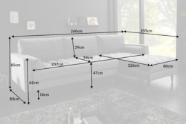 Elegante loungebank VELVET 260 cm grijze fluweel stof.lounge gedeelte aan beide zijden op te monteren.