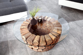 Handgemaakte salontafel PURE NATURE 70cm rond teakhout met glazen blad