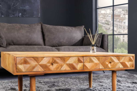 Massief houten salontafel ALPINE 105 cm natuurlijke acaciahoningafwerking met opbergladen