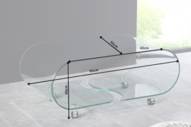 glazen salontafel  90 cm transparant met wielen