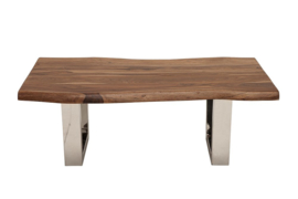 Massief boomstam salontafel GENESIS 110cm acacia massief houten boomrand met slede onderstel industriële afwerking