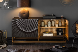 Massief tv-dressoir SCORPION 177 cm zwart mangohout, gedetailleerd 3D-houtsnijwerk
