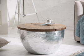 Handgemaakte salontafel  60cm zilver mangohout met opbergruimte