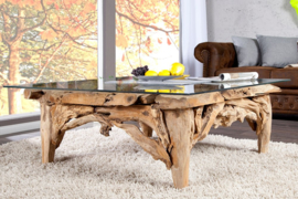 Handgemaakte salontafel RIVERSIDE 100cm teak met glazen blad