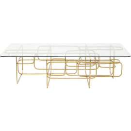 Rechthoekige salontafel Meander met glazen blad en gouden frame  140cm