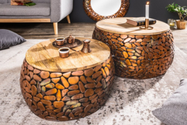 Handgemaakte set van 2 salontafels STONE MOSAIC 65cm koper acacia hout mozaïek look