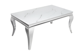 Elegante salontafel MODERN BAROK 100cm glazen blad in marmerlook roestvrijstalen poten