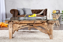 Handgemaakte salontafel RIVERSIDE 100cm teak met glazen blad