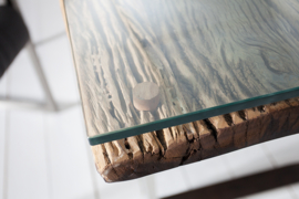 Massive eettafel RACUDA antieke teak hout 200cm met stalen  frame incl. Glasplaat
