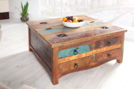 Stevige salontafel JAKARTA 70 cm gekleurde kist gemaakt van gerecycled hout van vissersboten met lades