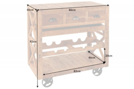 Industriële barkast BODEGA 86 cm mangohouten trolley met wijnrek