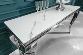 Elegante consoletafel MODERN BAROK 145 cm glasblad in marmerlook roestvrijstalen poten