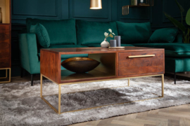 Massief salontafel RECHT 110 cm acaciahout bruin goud met lades