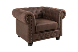 Chesterfield fauteuil 105cm vintage bruin met knoopsluiting en veerkern