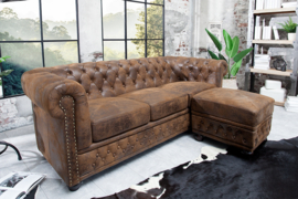 Chesterfield 3-zits bank 205cm antiek bruin met knoopsluiting en veerkern