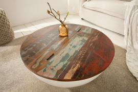 Design salontafel JAKARTA 70cm wit rond gemaakt van gerecyclede vissersboten met opbergruimte