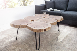 Design salontafel GOA 110cm acacia boomstam plakjes 4 cm tafelblad