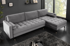 Elegante loungebank VELVET 260 cm grijze fluweel stof.lounge gedeelte aan beide zijden op te monteren.