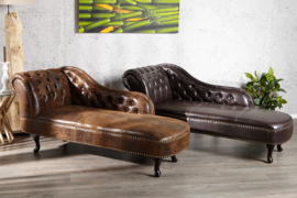 Chesterfield Récamière / longchair 170cm antiek bruin met knoopnaad en klinknagels