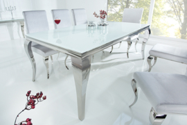 Elegante design eettafel MODERN BAROQUE 200cm wit roestvrijstalen opaal glazen tafelblad
