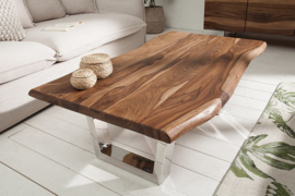 Massief boomstam salontafel GENESIS 110cm acacia massief houten boomrand met slede onderstel industriële afwerking