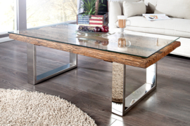 Indrukwekkende salontafel BARRACUDA 110cm antiek teak met onderstel en glas