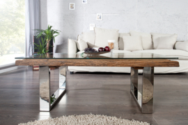 Indrukwekkende salontafel BARRACUDA 110cm antiek teak met onderstel en glas