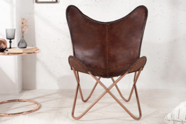 Retro fauteuil Vlinder bruin met echt lederen bekleding koperen frame