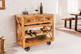 Industriële barkast BODEGA 86 cm mangohouten trolley met wijnrek