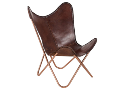 Retro fauteuil Vlinder bruin met echt lederen bekleding koperen frame