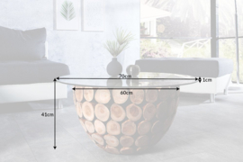 Handgemaakte salontafel PURE NATURE 70cm rond teakhout met glazen blad