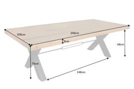 Massieve eettafel THOR 240 cm naturel gerecycled grenen industrieel design X-frame