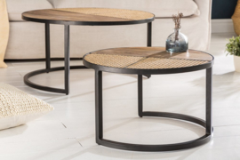 Set van 2 industriële salontafels VIENNA LOUNGE 70 cm rond mangohout met vlechtwerk