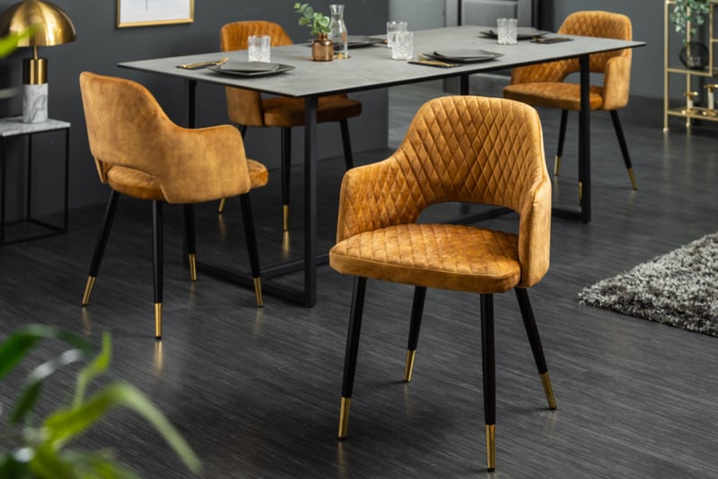 Moderne stoel mosterdgeel met decoratieve en gouden voetdoppen Eettafelstoelen / Stoelen | GOEDKOOPMEUBELEN.NL