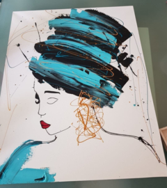 Modern schilderij hoofd met hoed  turquoise, zwart en goud