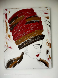 Modern schilderij hoofd met hoed donkerrood, bruin, zwart en goud