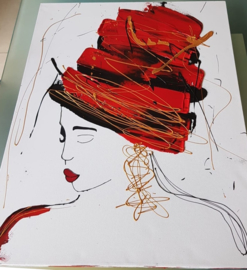 Modern schilderij hoofd met hoed rood zwart goud