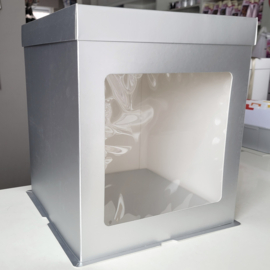 Extra Hoche Tortenbox Silber mit Fenster 30.4x30.4x34.50cm