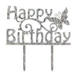 Happy Birthday Cake Topper (Cake Star)-Zilver glitter