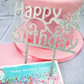 Happy Birthday Cake Topper (Cake Star)-Zilver glitter