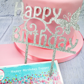 Happy Birthday Cake Topper (Cake Star)-paillettes argent