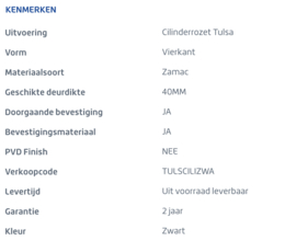 Skantrae cilinderrozet Tulsa mat zwart